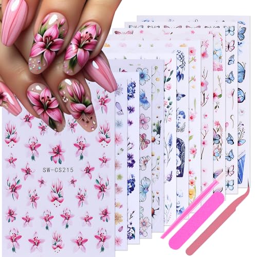 Flower Stickers for Nail Art Decals - 12 Sheets Spring Butterfly Nail Stickers with Tweezers 3D Floral Leaves Plant Nail Art Designs DIY Self Adhesive Daisy Blossom Nail Supplies Decorations - style: Flower Styles