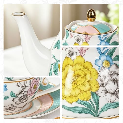 KAMMAK Tea for One Set, Ceramic Teapot, Bone China Tea Set, Cup and Saucer - color: Green-GH6
