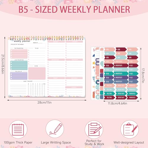 Thboxes Weekly Desk Planner, 8.5x11In To Do List Notepad, 52 Sheets, Floral - color: Light Pink Broken Flower