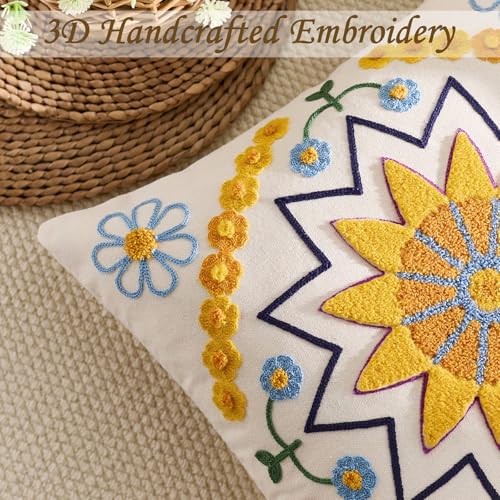 Embroidered Floral Throw Pillow Cover 22x22 Set of 1 Yellow - color: Yellow, size: 22" x 22" (Pack of 1)