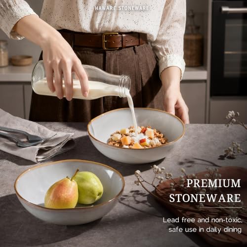 HaWare Cereal Bowls, 26oz Stoneware Serving Bowls Set of 4, for Salad Pasta - color: Reactive Pearl White