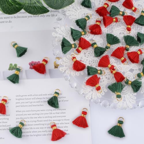 Mini Tassels Charm, 90pcs Golden Circle Red and Green Mini Tiny Handmade Craft Tassels Charms for Christmas DIY Jewelry Necklace Making Accessories - color: 2 Christmas Colors-2.4cm