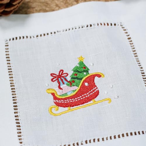 100% Linen Cocktail Napkins with Eembroidery Christmas Sleigh 6 Pack Cloth Coaster for Xmas Parties Kitchen Coffee Bar Gift Ladder Hemstitch Snowy Sleighride Square Fabric Napkins (6"x6") - color: Sleigh