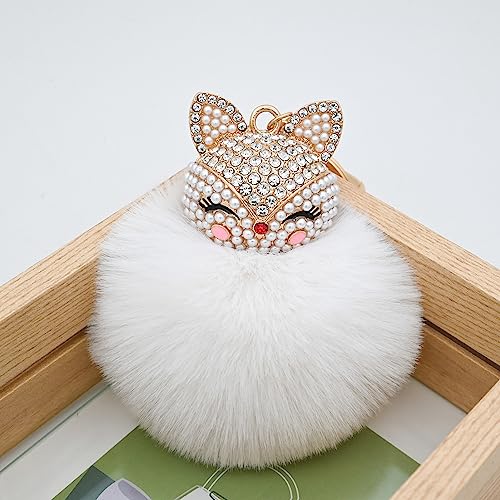 Faux Rabbit Fur Pom Pom Keychain with Fox Head - color: White