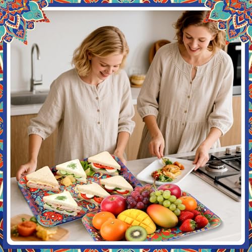 Vesici 4 Pack Mandala Melamine Serving Trays, 13 x 10 Inch Rectangular Decorative Platters with Colorful Bohemian Patterns, Durable Serving Plates for Snacks, Appetizers, Parties & Home decoration - style: Mandala