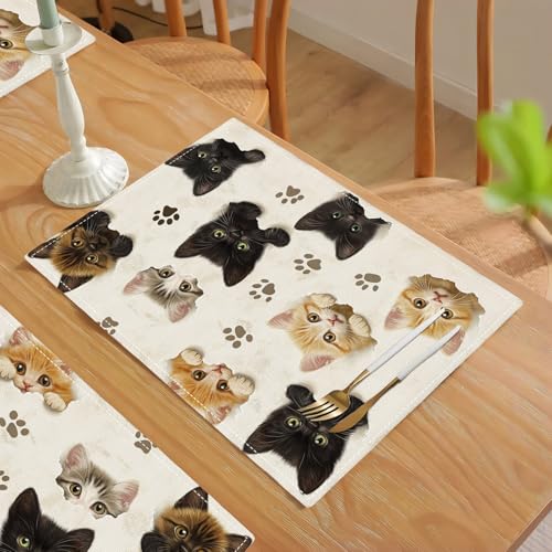 Cat Placemats Set of 4, Cute Black Cats Table Mats, Animal Washable Place Mats for Coffee Bar Home Party Indoor Kitchen Dining Table Decoration 12x18 Inch - color: Cat, size: Set of 4