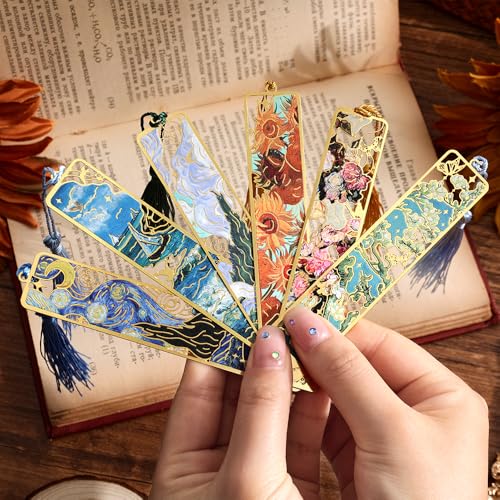 icceemee 12 Pieces of Gold Hollow Bookmarks with Tassels, Featuring Van Gogh and Monet Oil Painting Themes Perfect for Book Lovers, Writers, Readers, Children, Teenagers, Men, Women, and Adults - style: Oil Painting Themes 12