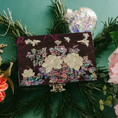 February Mountain Mother-of-Pearl Jewelry Box – Elegant Purple Lacquered Keepsake with Peony & Butterfly Design, Red Velvet Interior – Christmas, Birthday Gift, Unique Jewelry Organizer for Women - color: Purple Haze
