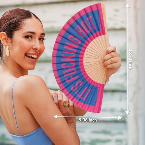Fisura – Original Folding Fan It's f*cking hot, Wooden Hand Fans for Women Foldable, Pink and Blue Design for Raves, Festivals, Weedings, Hanger Included. Size: 16.7 x 9 inches - color: Hot, Blue and Pink