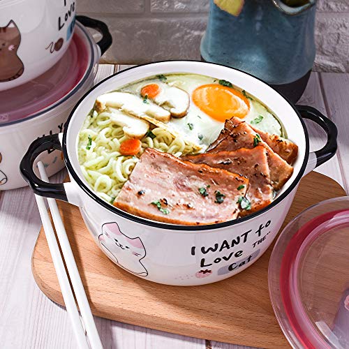 Ceramic Soup Bowl with Lid and Handles, 750 ML Cute Cartoon Cat Ramen Bowl