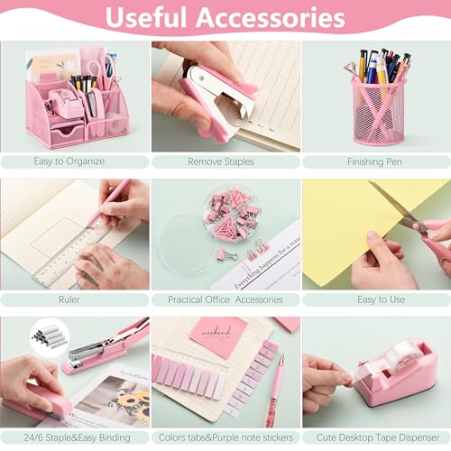 Fayoo 11 Pcs Pink Office Supplies Set Mesh Desk Organizer Accessories Kit - color: Pink