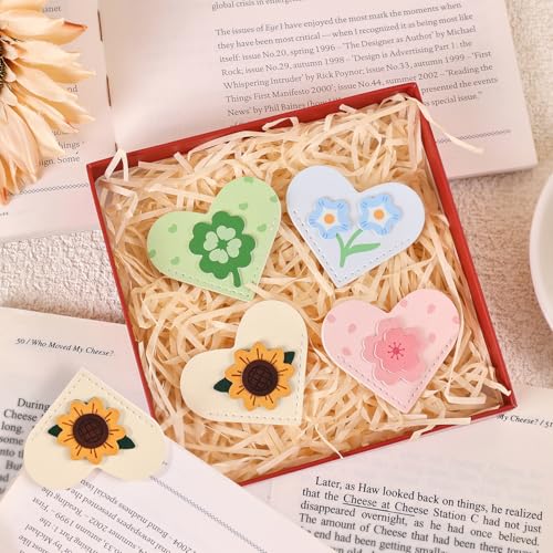 VYRANA 4Pcs Leather Heart Bookmarks - Cute Corner Book Marks Sets for Reading, Floral Read Lover Gifts for Women Men Kids Girl Readers, Pretty Book Markers for Reading, Aesthetic Gifts for Planner - style: Heart Flower