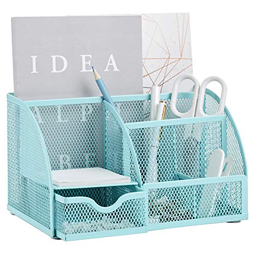 Annova Mesh Desk Organizer Office with 7 Compartments + Drawer/Desk Tidy Candy/Pen Holder/Multifunctional Organizer (Turquoise) - color: Turquoise