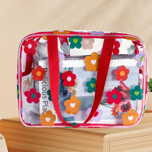 Clear Printed Floral Cosmetic Bag and 18x12x 5inch size Travel Pouch with Handle-Durable PVC Material,Versatile,Zipper Design Large Makeup bag for Women,Travel Essentials (Multifloral-L) - color: Multifloral-L