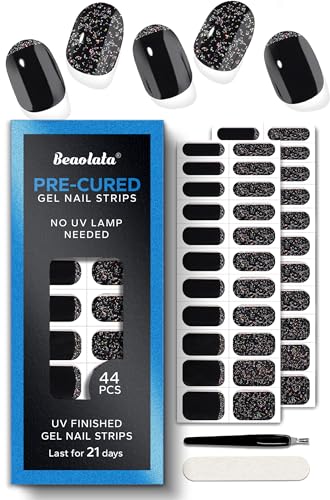 Real Gel Nail Strips (No UV Light Needed) - 44Pcs Salon Quality Nail Stickers - Long Lasting Polish Wraps for Women, Easy Apply & Remove (Midnight Shimmer) - color: Midnight Shimmer Black