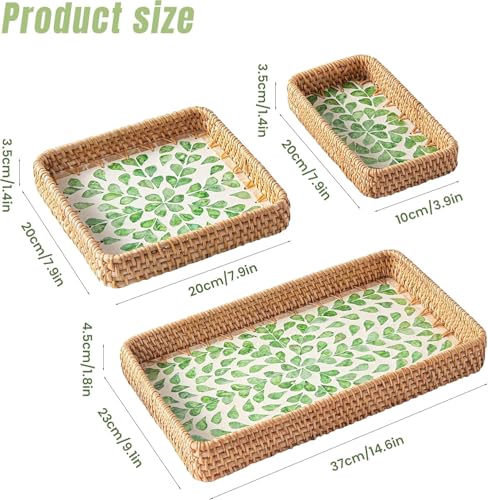 Set of 3 Rectangle Rattan Serving Trays with Mother of Pearl Inlay – Hand-Woven Wicker Trays for Coffee Table, Bathroom, Kitchen Counter or Entryway, Boho Coastal Decor, Checkered Design - color: Checkered Pattern