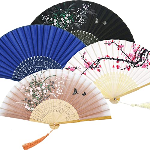 Zonon 4 Pack Hand Held Folding Fans for Women Silk,Vintage - style: Vintage