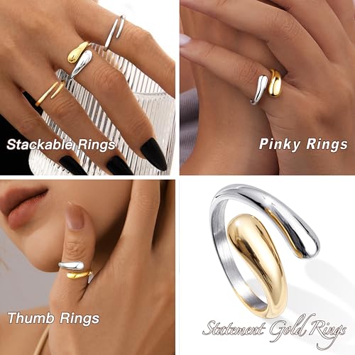 Non Tarnish Gold Chunky Rings for Women, 14K Gold Plated Statement Dome Rings Stacking Silver, Adjustable Mens Eternity Wedding Band Mixed Metal Jewelry Size 3-15 Half Size - color: Two Tone