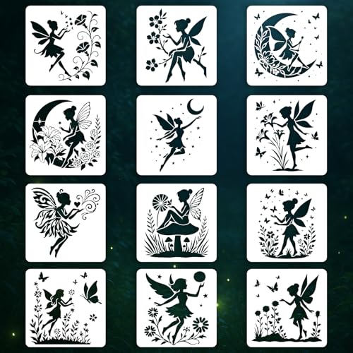 12Pcs Fairy Stencil PET Painting Templates Elves Inlay Border Stencils for Furniture Reusable DIY Craft for Wall Wood Fabric Canvas Paper Decor - color: fairy