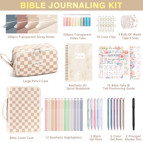 Bible Study Supplies Journaling Annotation Kit w/Bible Cover Case for Women - color: Beige Checked
