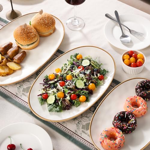 Ceramic Oval Serving Platter with Brown Rim: 15.6/14.3/12.9 Inch Large Serving Dishes for Entertaining Party, Turkey, Steak, Ham, Microwave Dishwasher Safe - color: White, size: Oval