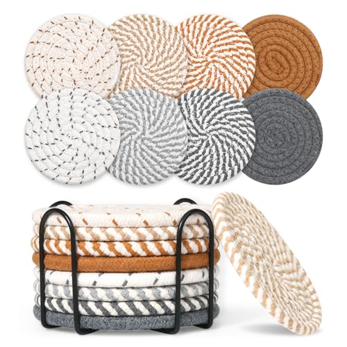 Mckanti 8 Style Drink Coasters with Holder, Absorbent Coasters for Coffee Table, Minimalist Cotton Woven Coaster Set for Home Decor Tabletop Protection Suitable for Kinds of Cups, 4.3 Inches. - color: Muti-color E