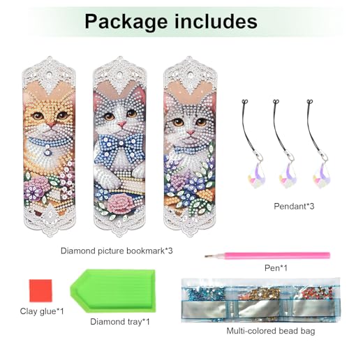 Tontut 3pcs Diamond Art Painting Kit Bookmarks, Cat on Books Fine General Purpose DIY Bookmarks, Lightweight and Durable, Suitable for Reading Lovers - color: Cat