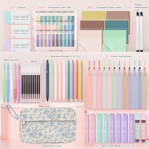 WOBAGMEN 62PCS Aesthetic School Supplies with Quilted Pencil Case, Pastel Highlighters, Gel Pens Mechanical Pencils Set, Cute Back to School Supplies, College Essentials (Blue Floral, M) - color: Blue Floral