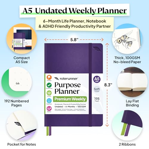 Roterunner Purpose Planner Notebook A5 5.8”x8.3” Undated 2026 Daily Weekly and Monthly Productivity Goal Setting Tool for Work Home ADHD Planner for Adults Self Care Journal (Purple Softcover) - color: Purple, size: A5 Softcover