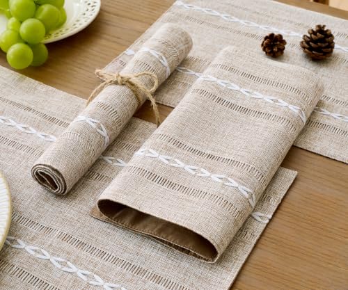 Wracra Cotton Linen Place Mats, Brown Embroidered Placemats Set of 4 - color: Hemstitched Brown, size: Placemats(Set of 4)