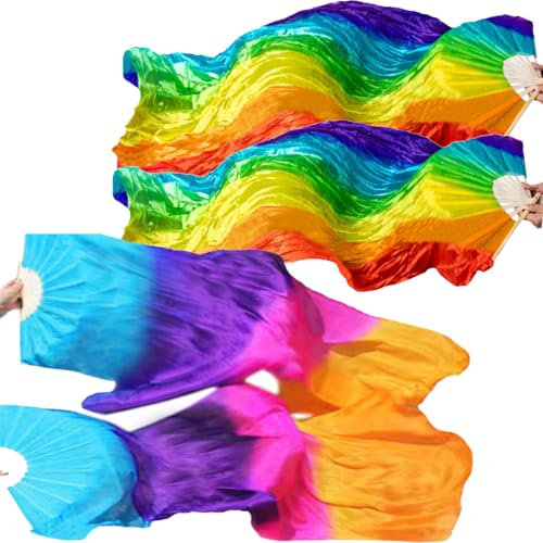 BRYCTSISEN Silk Belly Dance Fan Veil 2 Pairs Long Performance Folding Fan - color: Gradual Purple+Colorful