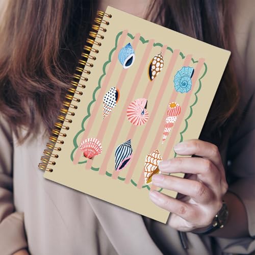 JINYO Beige Striped Beach Notebook, Ocean Seashell Conch Journal, Coastal Beachy Nautical Journal, Beach Supplies for Women, Cute Ocean Spiral Notebooks 5.5x8.3 Inch - color: white Striped Beach Notebook