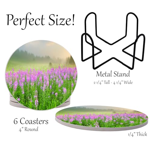 Spring Season Flowers Round Coasters Set of 6 - Abosrbent Ceramic Coasters with Metal Stand for Drinks, Coffee, Non-Slip Cork Back for Tabletop Protection, 4 Inches (Meadow) - color: Meadow
