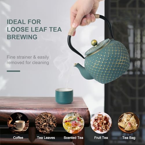 Ufine Cast Iron Teapot for Stove Top with Stainless Steel Infuser - color: Blue Grid