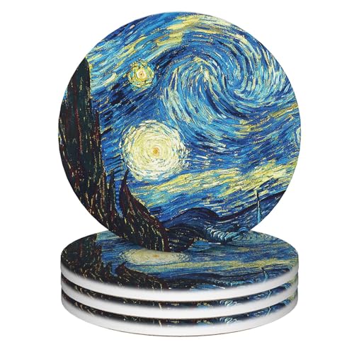 Drink Coasters Set of 4,The Starry Night Coasters for Drinks Ceramic Coaster with Cork Bottom for Kinds of Mugs and Cups,Home Decor,4'' - color: The Starry Night