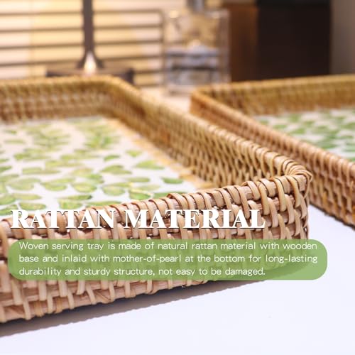 2 Pcs Rectangle Handwoven Rattan Mother of Pearl Inlay Wicker Serving Tray - color: Leaf Spring
