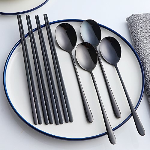 Buyer Star 4 Set Spoon Chopsticks, Black Reusable Metal Stainless Steel Korean Chopstix Spoon Set - color: black-flat chopstick and spoon