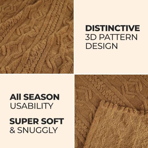 Superior Fleece Boho Jacquard Blanket, Decorative Blankets for Bedroom, Sofa, Fuzzy, Plush, Fluffy, Soft, Cute Room Decor, Beautiful Cover, Comfort Essentials, Arctic Collection, Throw, Camel