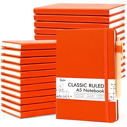 feela 24 Pack Journal Notebook for Work, Business Notebook Bulk Hardcover Lined Writing Journal with Pen Holder for Men Women Note Taking, with 24 Black Pens, 120 GSM, 5.1”x8.3”, A5, Orange - color: 24 Pack orange