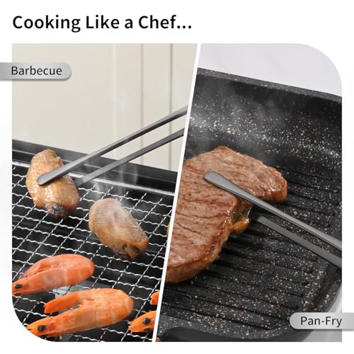 DEHOV 12 Inch Stainless Steel Black Cooking Tongs Set of 2, Metal Chef Food Tweezers For Cooking, Long Metal BBQ Tongs For Pasta, Black Pickle Grabber - color: Black