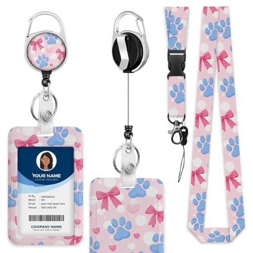 Badge HolderBlue Dog Paw Pink Bows White Bubble Badge Holder with Lanyard Clip Covenience to Use for Student Nurse Worker - color: Blue Dog Paw
