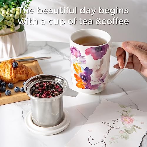 AmorArc Tea Cup With Infuser and Lid, 18oz Loose Leaf Tea Mug With Steeper - color: Anemone