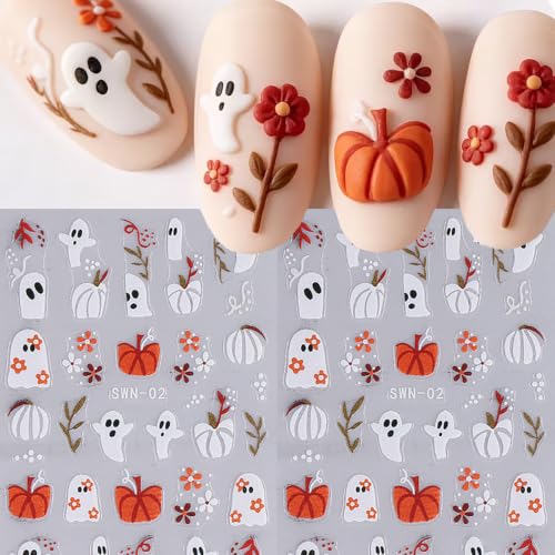 Halloween Nail Art Stickers Decals 5D Embossed Halloween Nail Decals 4PCS Ghost Bandage Eye Ball Spider Web Pumpkin Nails Design Adhesive Stickers Manicure Supply for Women DIY Nail Art Decorations - style: style6