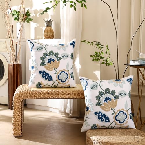 LUOYEHK Embroidered Decorative Throw Pillow Covers 18x18 Inch Pack of 2 Spring Farmhouse Floral Square Pillowcase Canvas Cushion Cover for Couch Sofa Bed Living Room（Blue Dragon Flower） - color: Blue Dragon Flower