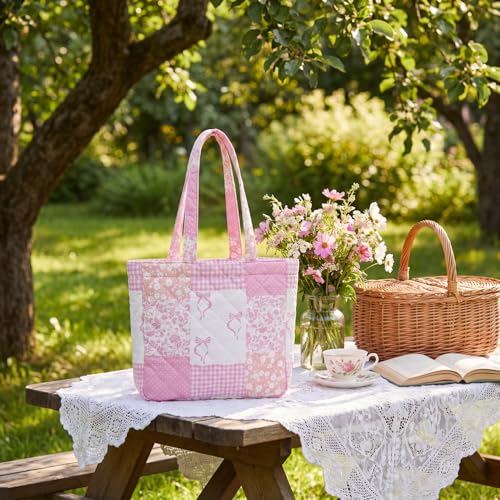 Aliceset Quilted Patchwork Tote Bag for Women Cotton Shoulder Bag Back to School Gift Farmhome Rustic Handbag Commuting Beach - style: Pink Bow