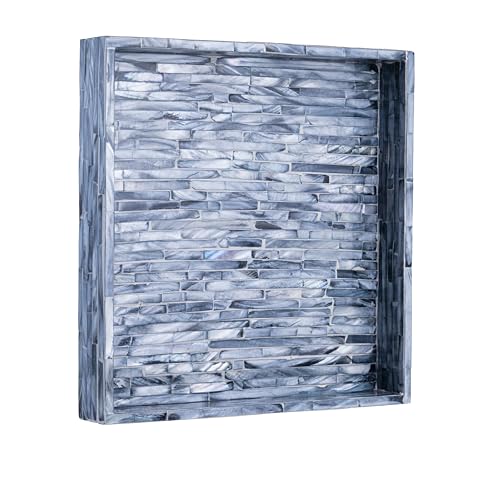 PEMAR Mother of Pearl Decorative Tray, 11x11 Square Blue Mosaic Tray - color: Midnight Blue Brick