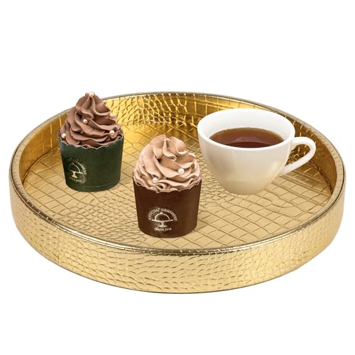 HofferRuffer Faux Leather Round Serving Tray, Vegan Croco Leather Decorative Tray, Food Tray for Storage Drinks, Snack & Cosmetics, Dia.12'' x 1.6'' (Gold) - color: Gold, size: 12"