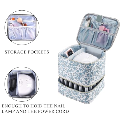 Upgraded Nail Polish Organizer Case - Holds 30 Bottles and 1 Nail Light, Double-layer Nail bag Organzier Case Nail Polish Storage Bag with Handles (Blue-Flower) - color: Blue-Flower