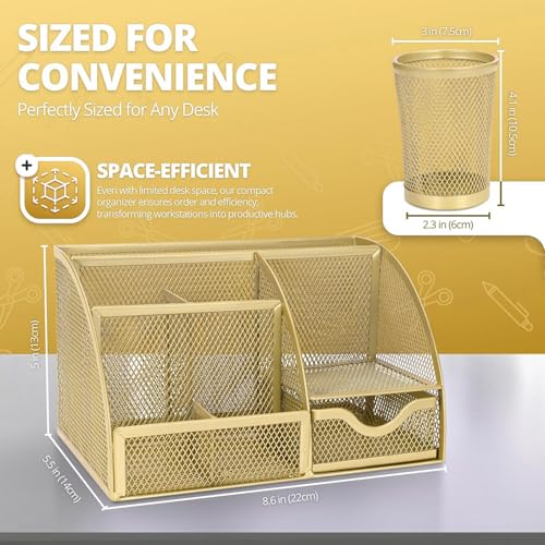Flexzion Metal Mesh Desk Organizer with Drawer, 6 Compartments, Rose Gold - color: Metallic Rose Gold