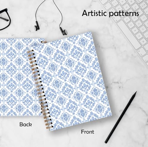 Qykwz Grandmillennial Blue and White Floral Spiral Notebook 5.5x8.3, Block Print Flower Journal for Women, Blue Grand Millenial Floral Aesthetic Hardcover Notebook Journal - color: Color_E